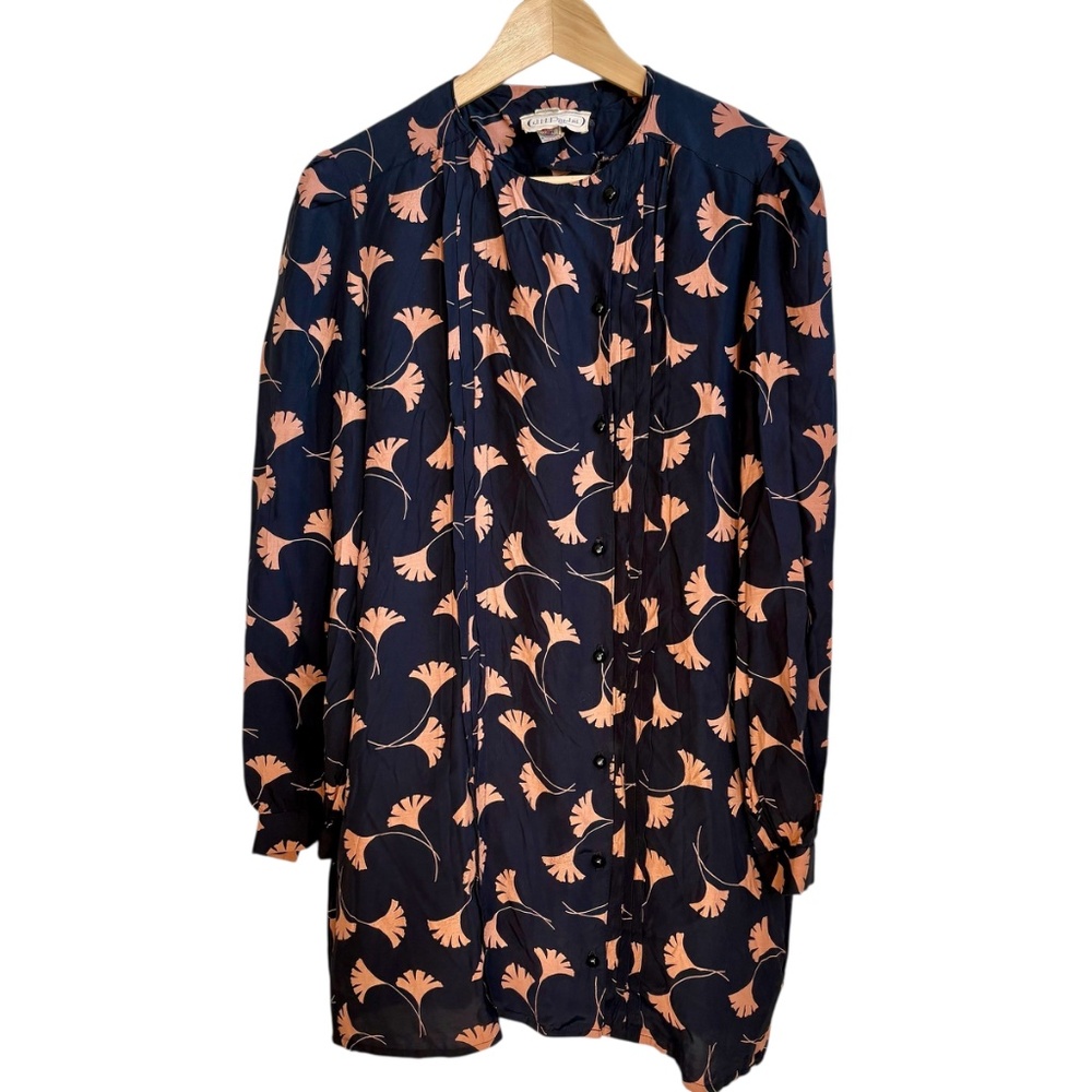 Vintage 70s J.H. Paul Floral Neck Snap Dress Black/Peach Long Sleeve Sz M/L - Picture 3 of 12